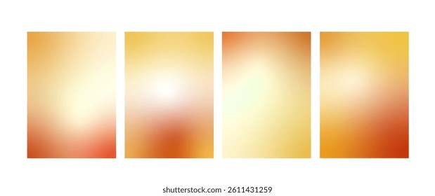 Warm blur gradient background. Sunny autumn gradation templates set. Vector bright fall backdrops collection. Soft ombre orange yellow and red wallpaper design. Sun light abstract graphic design.