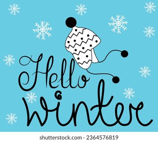 warm Bobble Hat,doodle, one line and text Hello winter