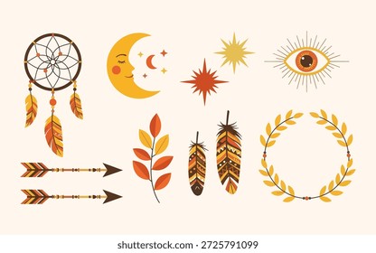 Cálida colección bohemia con una luna creciente sonriente, flechas tribales y hojas de otoño.