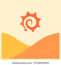A warm boho desert landscape with a spiral sun in flat minimalist style. Features soft orange dunes and earthy tones, ideal for wall art, branding, posters, and decorative backgrounds.