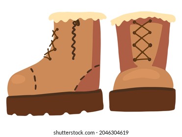 Warm boots, winter shoes. Colored cartoon doodle of clothes. Hand drawn vector illustration. Single drawing isolated on white background. Element for Christmas design, print, sticker, card, decor.