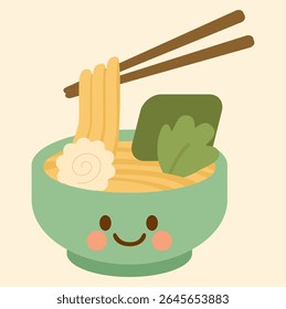 A warm bowl of Japanese ramen with kawaii face, noodles, egg, and chopsticks in flat cute style.