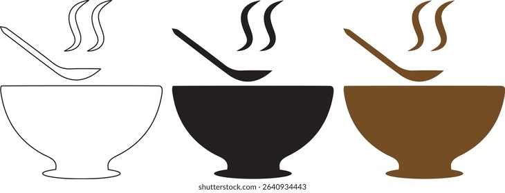 Warm bowl of soup with spoon and steam comfort food icon set outline  black silhouette and color vector illustration