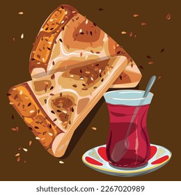
Pan caliente y té. Plato especial turco con sésamo y huevo. Comida durante el Ramadán. vector