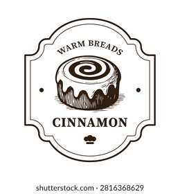 Warm breads cinnamon roll vintage bakery logo badge illustration isolated on a clean white background.