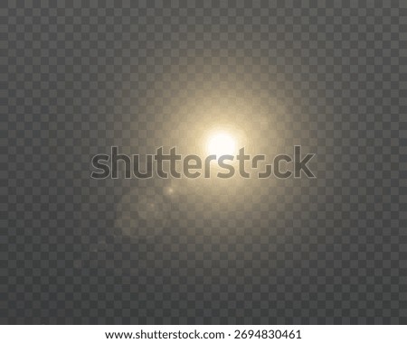 Warm bright light flare with soft halo and subtle lens reflections on transparent background; golden glow with gentle haze for overlays and photo effects.