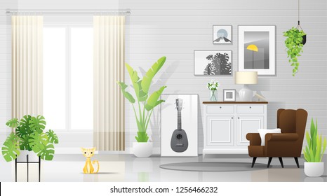 Warm and bright living room background with furniture in modern rustic style , vector , illustration