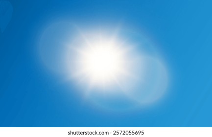 Warm bright sun , clear summer sky surrounded by glare , spring landscape bright glitter flash . Vector sun flash.