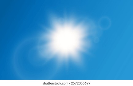 Warm bright sun , clear summer sky surrounded by glare , spring landscape bright glitter flash . Vector sun flash.