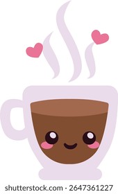 Warm brown coffee with heart steam rising and a cheerful face, perfect for cozy Valentine scenes or love-themed beverage artwork.