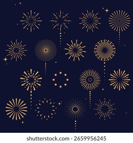 Fogos de artifício castanhos quentes e azuis profundos iluminam a cena. Fundo de fogos de artifício para uma festa de Natal acolhedora, cartazes de celebração ou banners de férias.