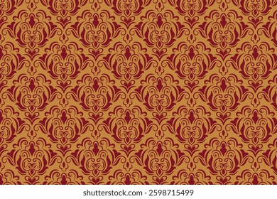 Warm brown and deep red damask pattern, evoking antique European luxury. Great for wallpaper, upholstery, textiles, and vintage decor.