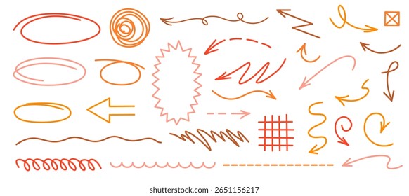 Warm brown watercolor arrows and sketch symbols with brush texture for natural layout elements and art journals
