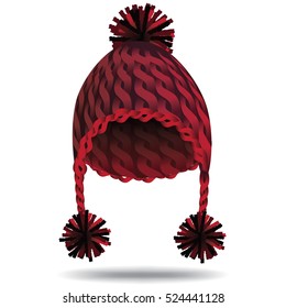 Warm cable knit cozy Christmas hat with ear flaps and pompons in red. EPS 10 vector.