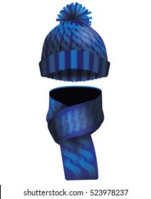 Warm cable knit cozy hat and scarf set in deep blue. EPS 10 vector.