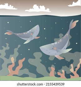 a warm calm sea, a pair of whales swims in the depths of the waters. warm, soft colors. illustration filled with nice cozy atmosphere