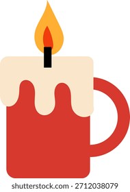 Vela quente dentro de uma caneca vermelha que representa noites de inverno acolhedoras, decoração de Natal, relaxamento e ambiente festivo.