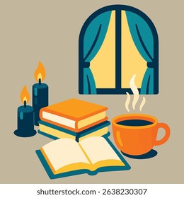 A warm, candlelit ambiance featuring books and tea, crafted to evoke a tranquil retreat away from screens and digital distractions.