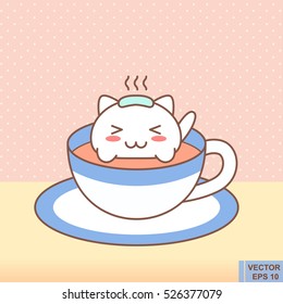 Warm cat. Cute cat in mug. Kawaii emoji with cheeks and eyes. Colored beautiful doodle character in flat designs cute cartoon face. Hot coffee tea.