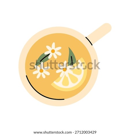 Warm chamomile tea cup with lemon slice and floral details, calming cozy drink top view