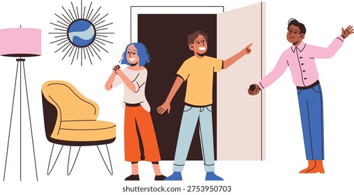 Warm and cheerful vector illustration portraying a joyful home gathering where friends meet and share a welcoming moment together. The scene shows two individuals standing near a doorway while greeting another person who has just arrived, creating a friendly atmosphere that reflects hospitality, companionship, and social connection. Their expressions and body language communicate excitement and warmth, suggesting a positive occasion such as a home visit, small celebration, or informal party.

The arriving guest appears welcomed with enthusiasm, highlighting the pleasant feeling of reconnecting with close companions. Social interactions like this often represent meaningful relationships, supportive friendships, and the simple happiness that comes from spending time with others in a comfortable environment. The illustration captures that moment of greeting when laughter and conversation begin as people gather inside a home.

The interior setting features modern minimalist décor elements that enhance the scene without distracting from the characters. A stylish floor lamp stands nearby, adding a sense of contemporary design to the room while providing a warm visual accent. A comfortable chair contributes to the relaxed environment often found in modern living spaces designed for conversation and leisure. On the wall, a decorative sunburst mirror adds a fashionable touch that reflects current interior design trends.

These background details help establish the location as a modern home environment where friends feel comfortable visiting and spending time together. Such spaces are often associated with celebrations, casual gatherings, shared meals, or memorable conversations that strengthen relationships between people.

The illustration uses a clean flat vector style characterized by simplified shapes, smooth outlines, and balanced colors. This modern design approach ensures the scene remains visually clear and easy to understand across different platforms.