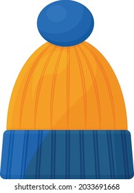 A warm children s knitted hat of blue and yellow color with a cute bumbone. A warm hat for walking in cold weather. Warm clothes. Vector illustration isolated on a white background