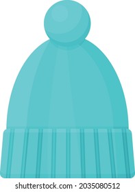 A warm children s knitted hat of blue color with a cute bumbone. A warm hat for walking in cold weather. Warm clothes. Vector illustration isolated on a white background