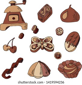 Warm chocolate set of sweets, figures, coffee mills and ice cream in the glaze
