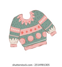 Warm Christmas hand drawn Sweater with tradition ornaments. Retro Holiday Isolated stickers