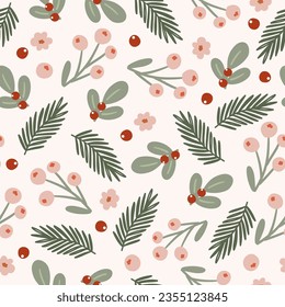 Warm Christmas seamless pattern, floral festive winter holidays elegant digital paper repeating background for fabric, wallpaper, wrapping paper and surface design