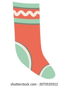 Warm Christmas sock icon. Handmade cozy knitted clothes. Red sock with Scandinavian pattern in flat cartoon style, vector illustration, hand drawn. Comfort and warmth concept. Doodles, minimalism.