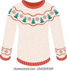 Warm Christmas sweater featuring a pattern of green trees and red snowflakes, perfect for winter holiday celebrations, isolated on a white background