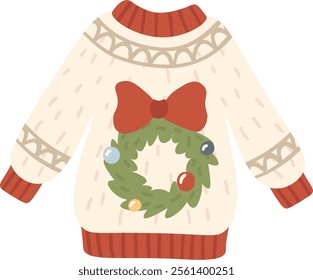 Warm christmas wool sweater with red bow and green fir wreath decoration, perfect for winter holidays, bringing festive cheer and warmth to christmas celebrations