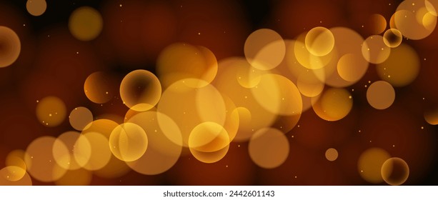 Fondo de pantalla bokeh círculo cálido. Efecto de desenfoque de color amarillo anaranjado sobre fondo negro. Brillante textura dorada brillante. Fondo borroso para la decoración de Navidad, tarjeta, cartel, pancarta, volante. Vector