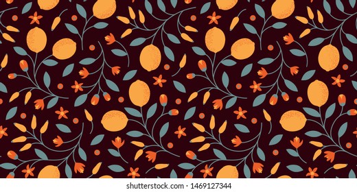 Warm citrus pattern with flowers and branches, seamless vector repeat. Clean illustration style.