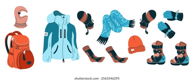 Warm clothes and backpack for winter sport flat color vector objects set. Wear and accessories illustrations bundle on white background