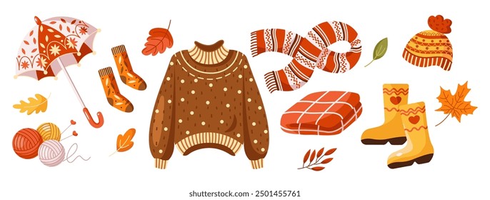 Warm clothes for cold autumn weather 2D cartoon objects set. Fall season cozy fashion items flat line vector icons on white background