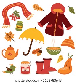 Warm clothes for cold autumn weather, umbrella, autumn elements.