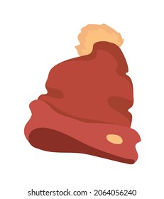Warm clothes. Cozy winter. A hat with a pompom. Vector colorful element on a white background. 