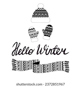 Warm clothes, gloves and hats, knitted accessories, Christmas patterns, New Year. Winter mittens, scarf and hat in christmas colors isolated on white background.