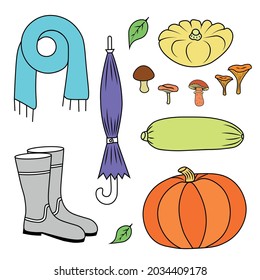 Ropa y cosecha cálidas. Ilustración vectorial para imprenta, fondos, fondos de escritorio, cubiertas, embalaje, tarjetas de felicitación, carteles, pegatinas, textiles y diseño estacional. Aislado sobre fondo blanco.