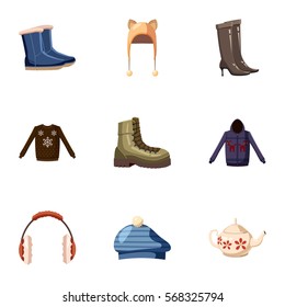 Warm clothes icons set. Cartoon illustration of 9 warm clothes vector icons for web