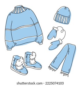 Warm clothes. Knitted sweater, hat, scarf and ugg boots. Doodle winter clothes vector collection. Vector sketch icon isolated on white. Seasonal Design elements