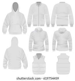 Warm clothes mockup set. Realistic illustration of 8 warm clothes mockups for web