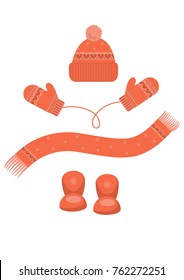 Warm clothes on white background. mittens, hat, scarf and boots. Vector illustration.