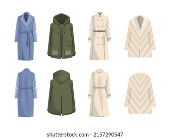 Warm clothes set. Winter collection of modern female casual outfit. Wool, trench and fur coat, parka. Modern apparel. Flat vector illustration