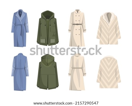 Warm clothes set. Winter collection of modern female casual outfit. Wool, trench and fur coat, parka. Modern apparel. Flat vector illustration