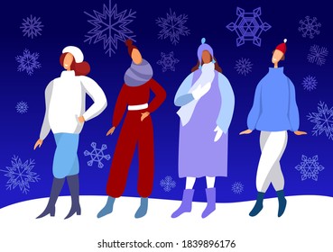 Warm clothes for winter. Group of young women 