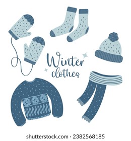 Warm clothing isolated on white background collection. Winter clothes set in blue color.