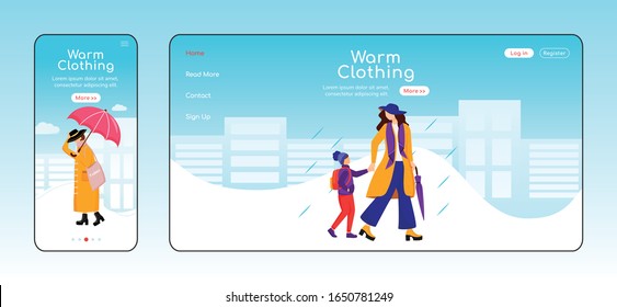 Warm clothing landing page flat color vector template. Mobile display. Mother with son go to school homepage layout. Rainy day one page website interface, cartoon character. Wet weather web banner